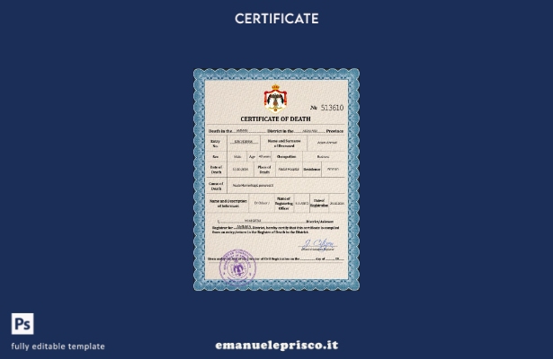 modello PSD del certificato di morte del documento di stato civile della Giordan